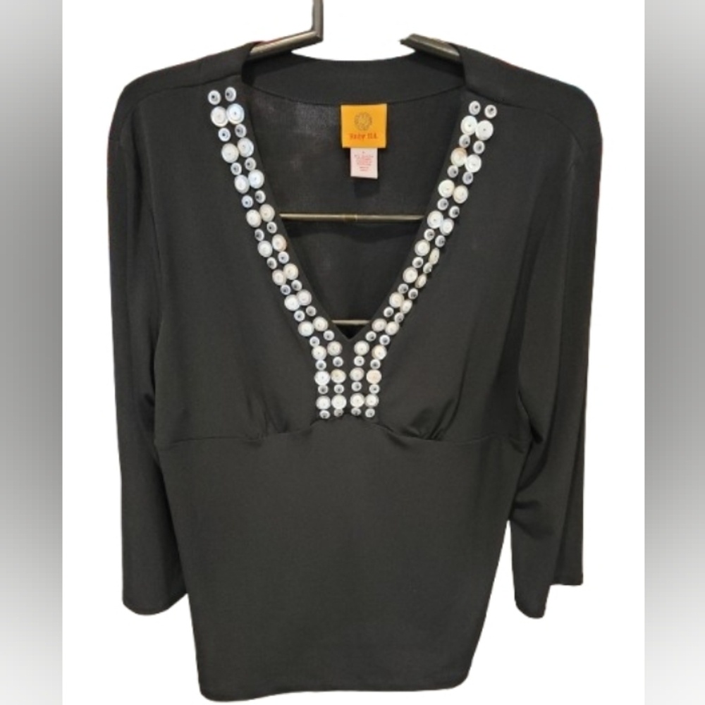 Ruby Rd. Button Stud Pullover Vneck Top Black Lar… - image 2